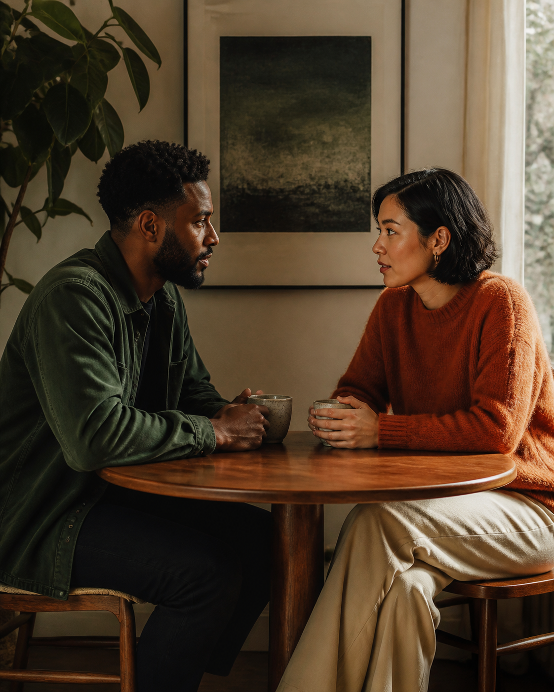 Two adult partners meeting each other's gaze during a serious conversation at a small table