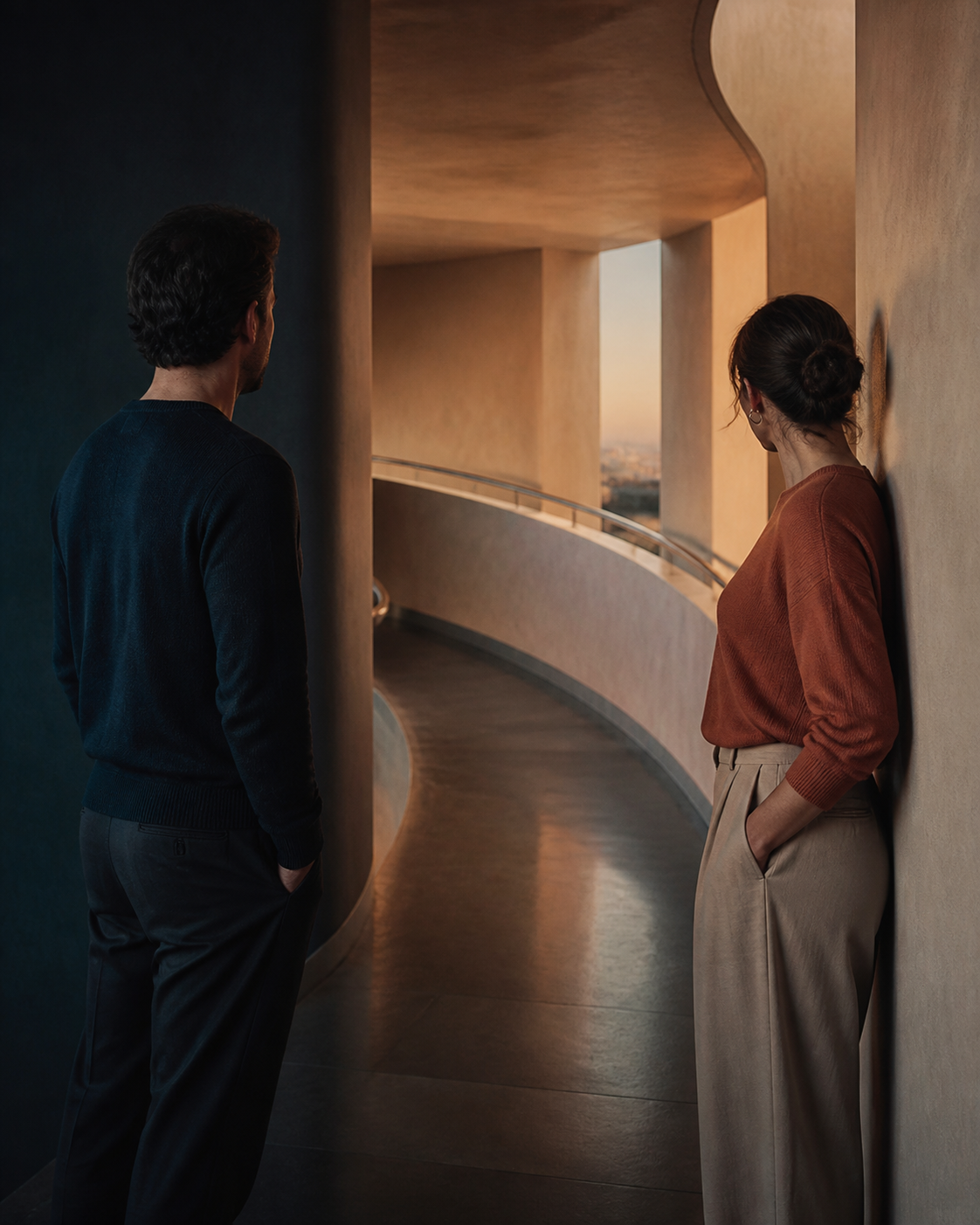 Two adult partners pausing beside a curved passage that opens toward warm light ahead